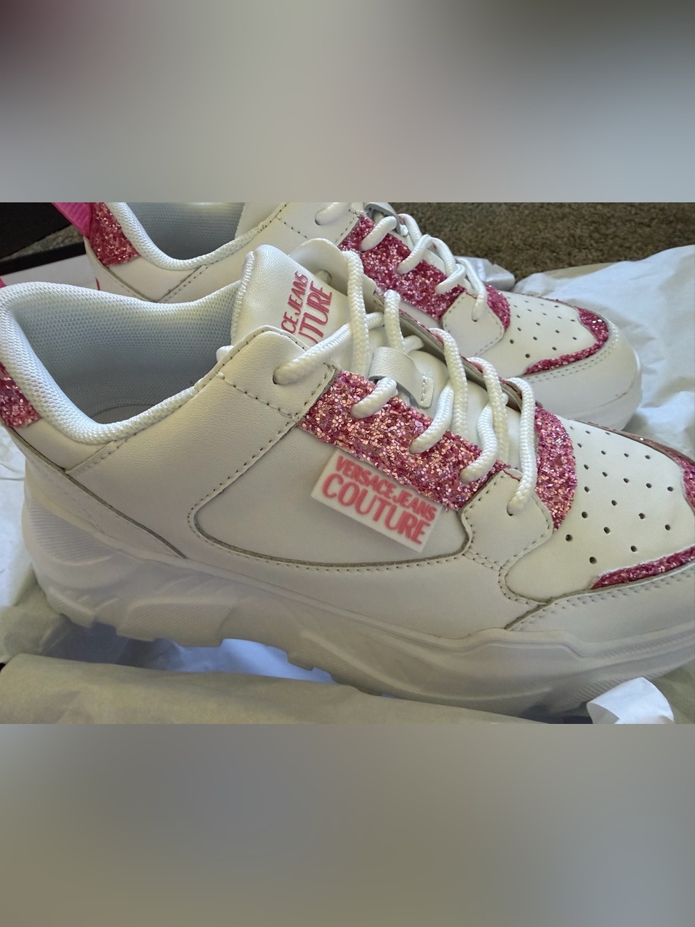 Versace Jeans Collection White Sneakers with Pink Glitter Trim